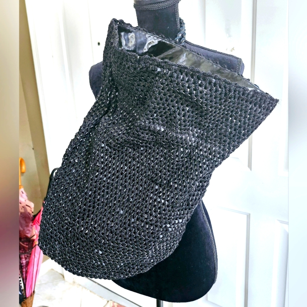 ‼️DONNA KAREN backpack/sack black patent leather trim, woven cotton yarn